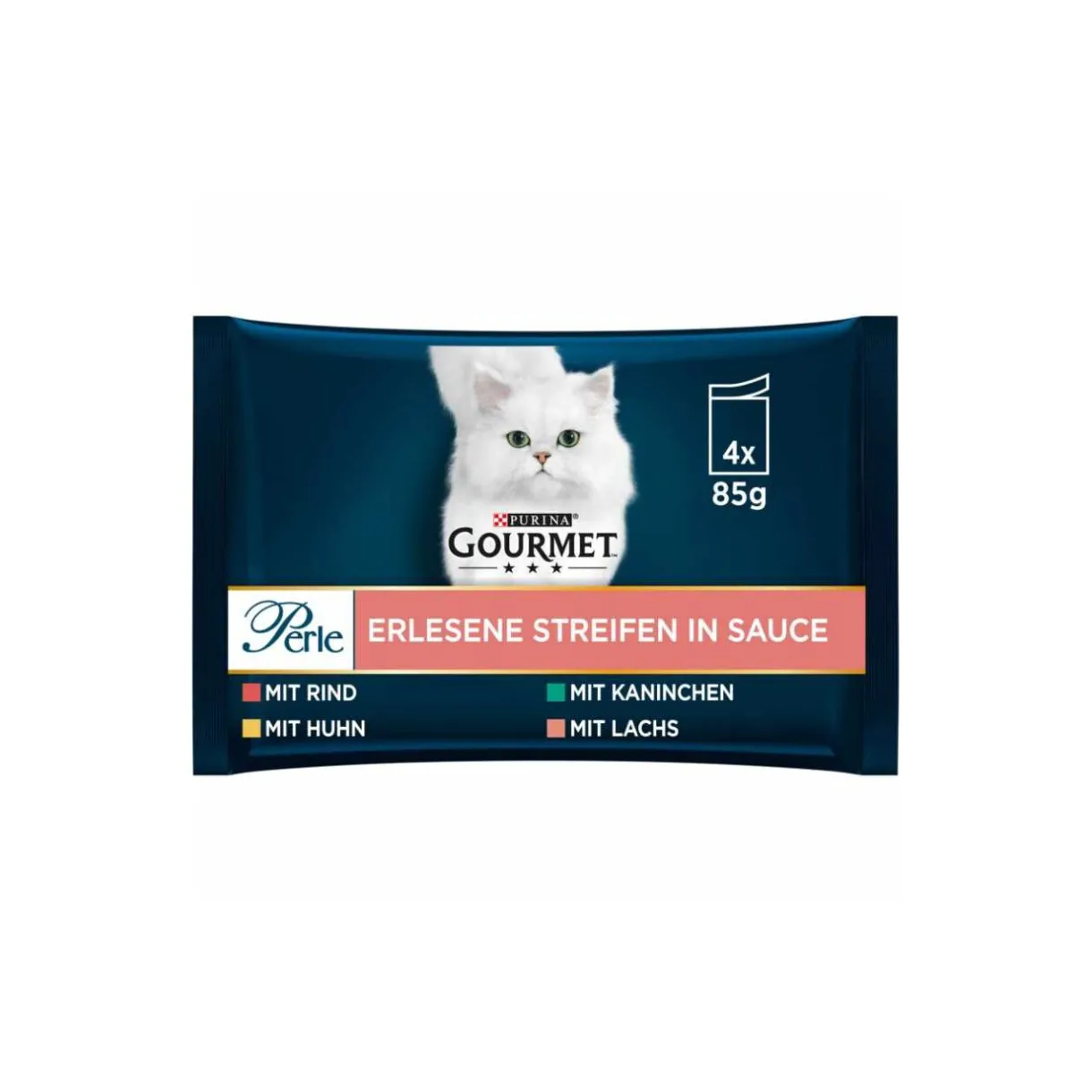 GOURMET Nourriture Humide^Perle 4 x 85 g Bœuf, poulet, lapin et saumon