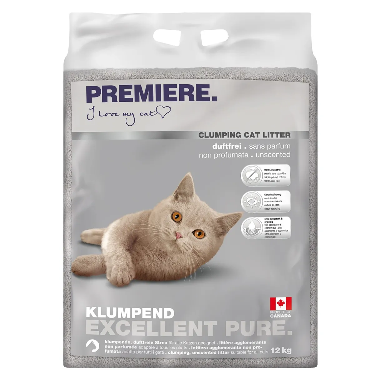 PREMIERE Litière Pour Chat^Litière agglomérante Excellent Pure, non parfumée 12 kg