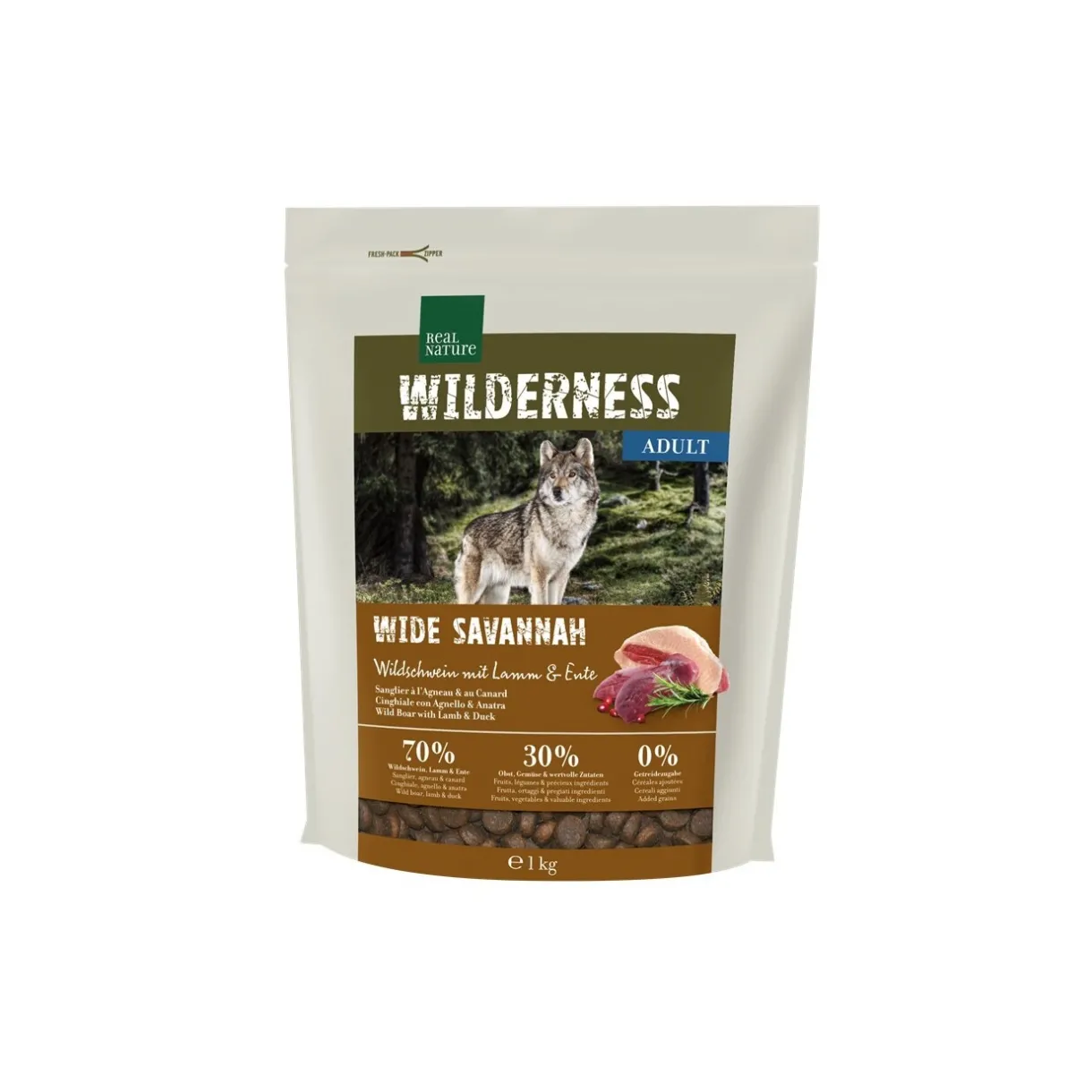 REAL NATURE Croquettes^WILDERNESS Wide Savannah Sanglier avec agneau et canard 1 kg