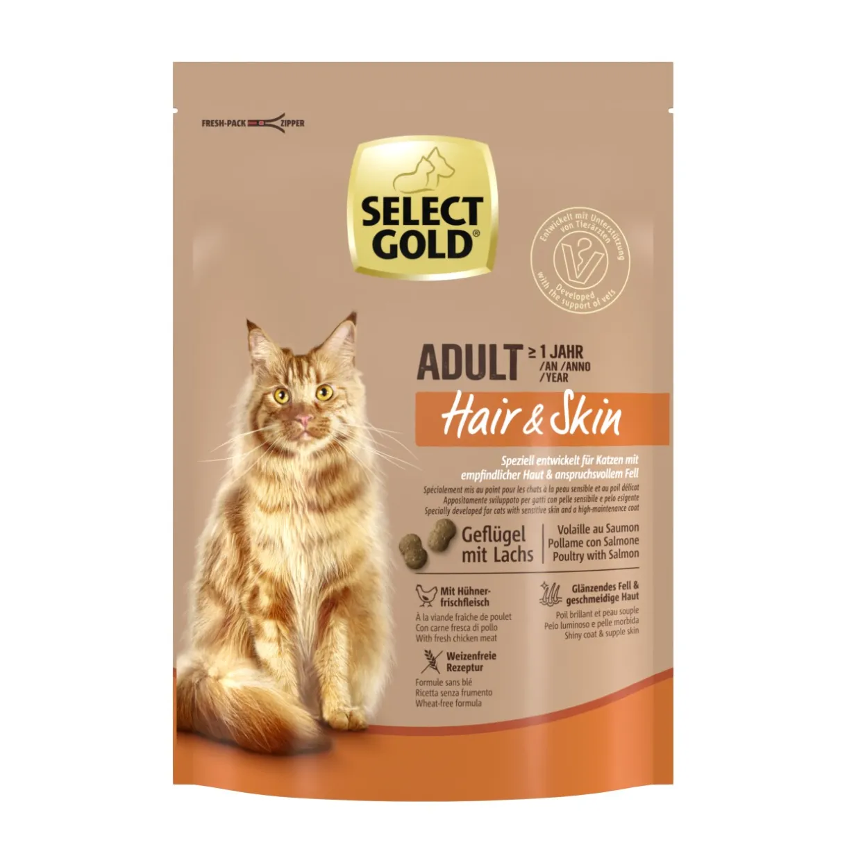 SELECT GOLD Croquettes Pour Chat^Hair+Skin Adult Saumon et volaille 300 g