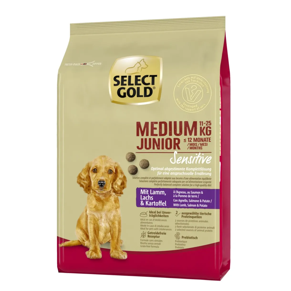 SELECT GOLD Croquettes|Nourriture^Sensitive Junior Medium agneau/saumon/pommes de terre 1 kg