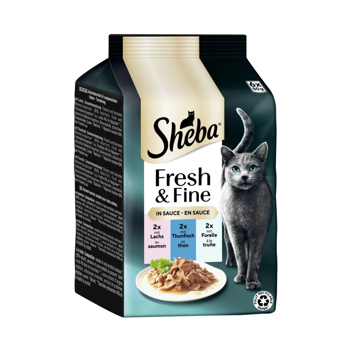 Sheba Nourriture Humide^Fresh & Fine Nourriture humide pour chat adulte, Multipack, en sauce 36x50 g Saumon, thon et truite