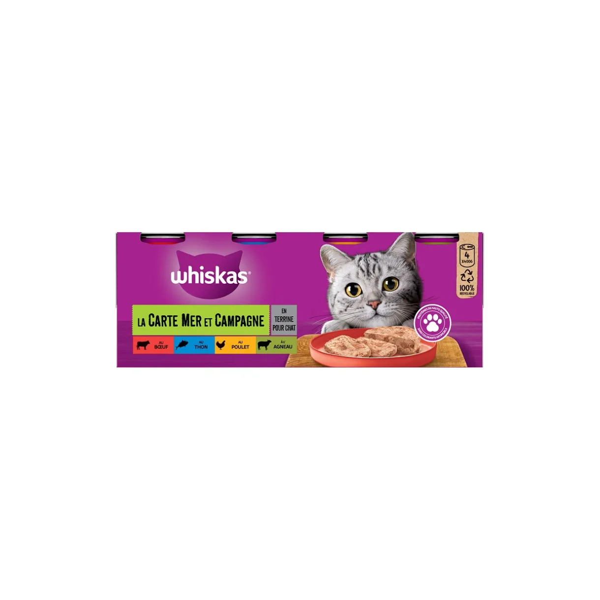 Whiskas Nourriture Humide^Boites La Carte Mer et Campagne en Terrine 4 variétés pour chat 4x400g