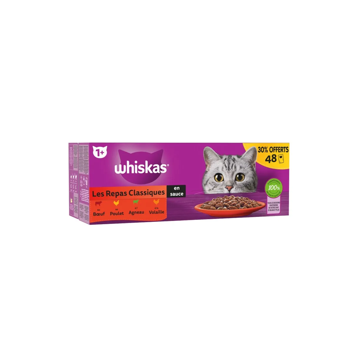 Whiskas Nourriture Humide^Sachets fraîcheur Les Repas Classiques en sauce pour chat adulte 4 variétés 48x85g 30% offerts